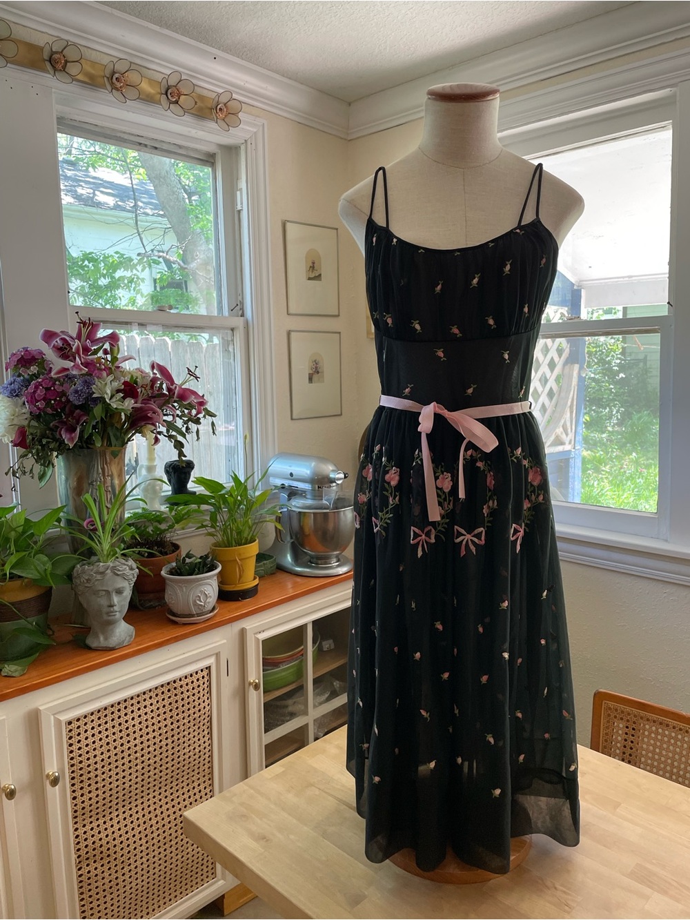 Black Floral Embroidered Chemise with Pink Ribbon